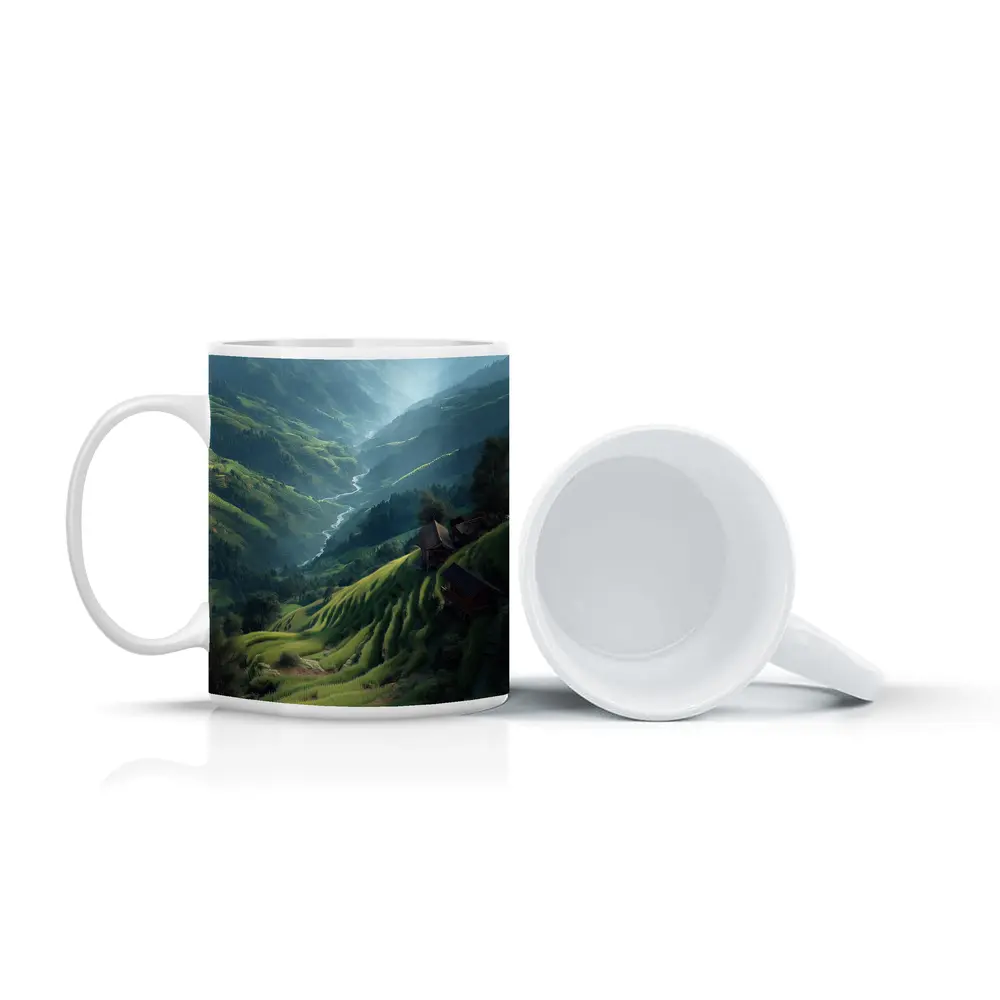 Green Rice Fields Valley Mountain Landscape – Mugs