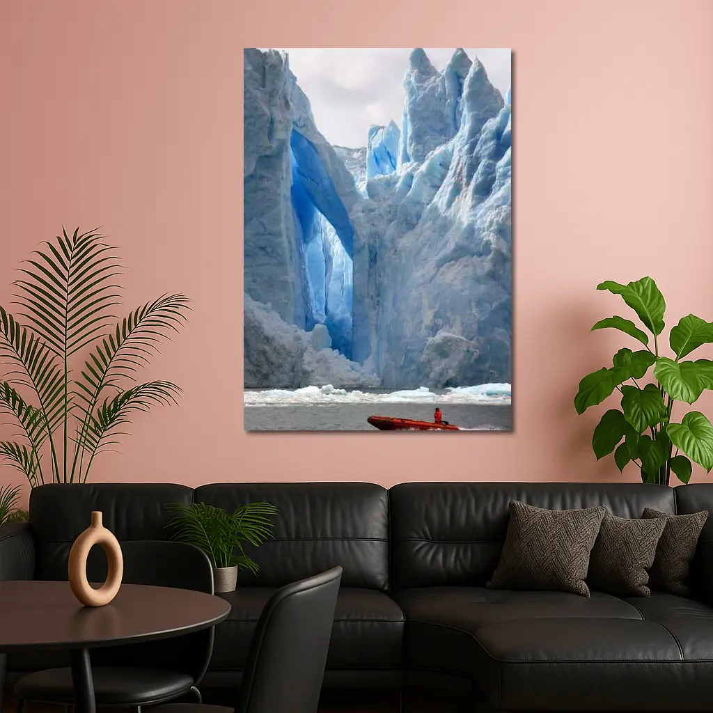 Red Boat Near Massive Blue Glacier Wall – Wall Art