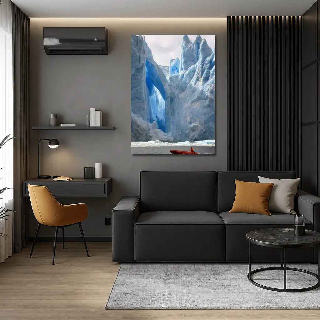 Red Boat Near Massive Blue Glacier Wall – Wall Art