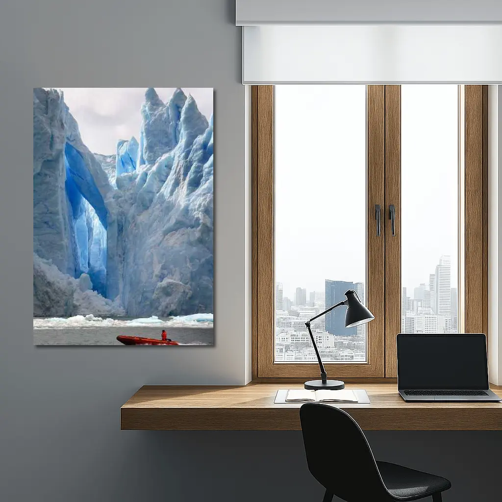 Red Boat Near Massive Blue Glacier Wall – Wall Art