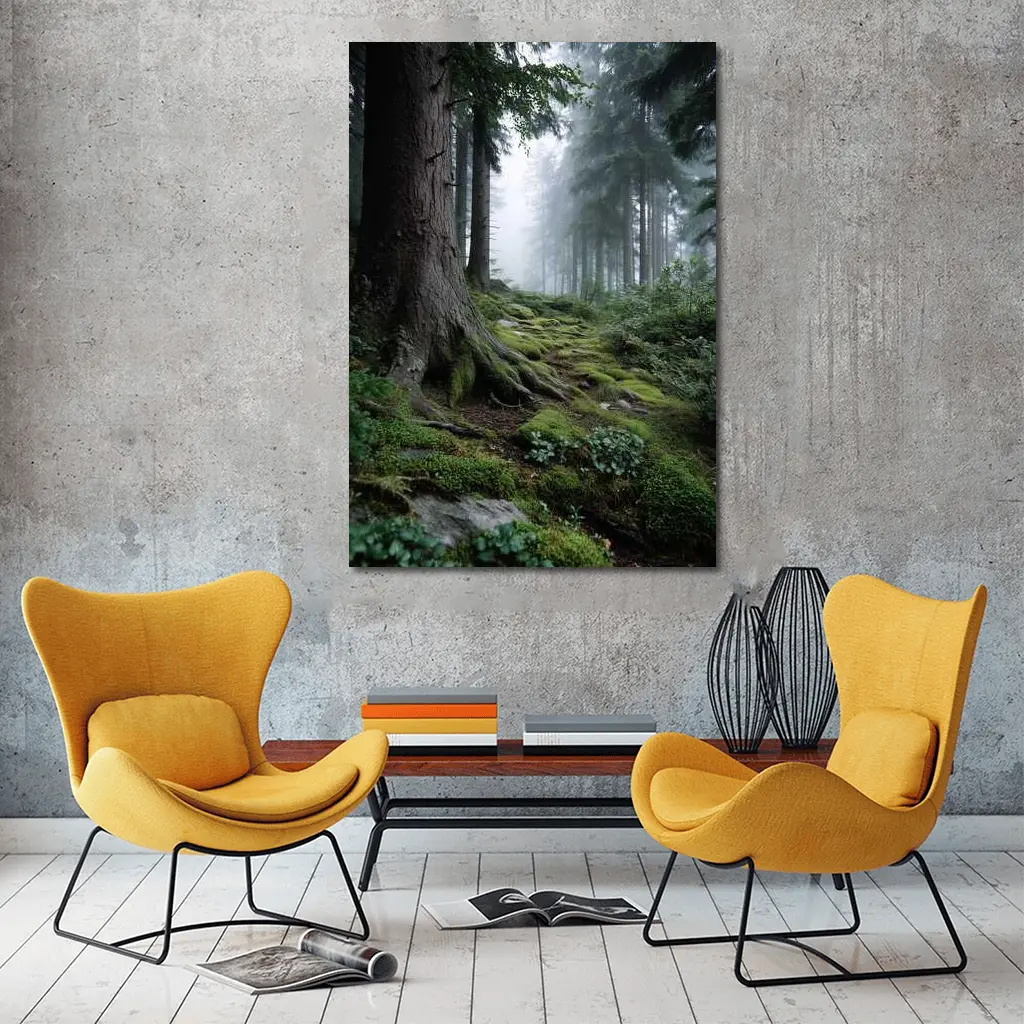 Misty Forest Path Mossy Roots Trees – Wall Art
