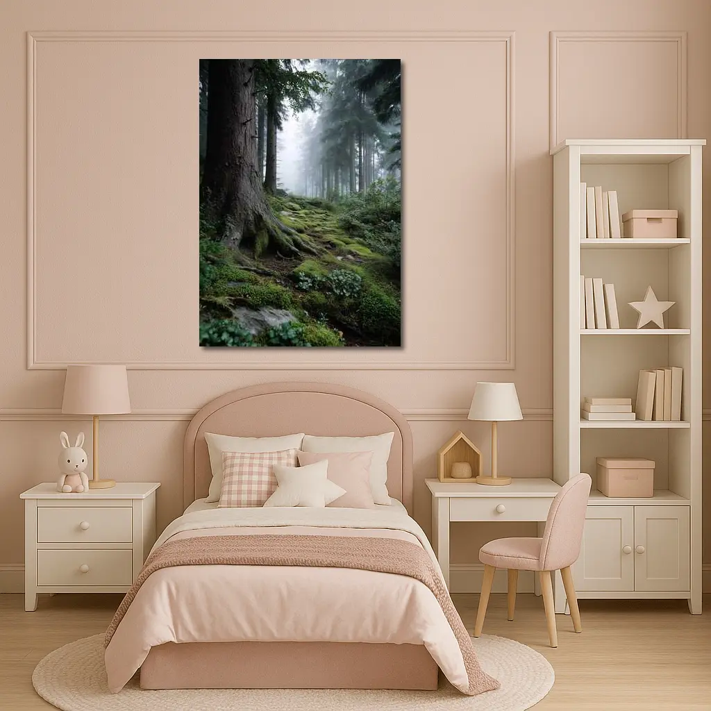 Misty Forest Path Mossy Roots Trees – Wall Art