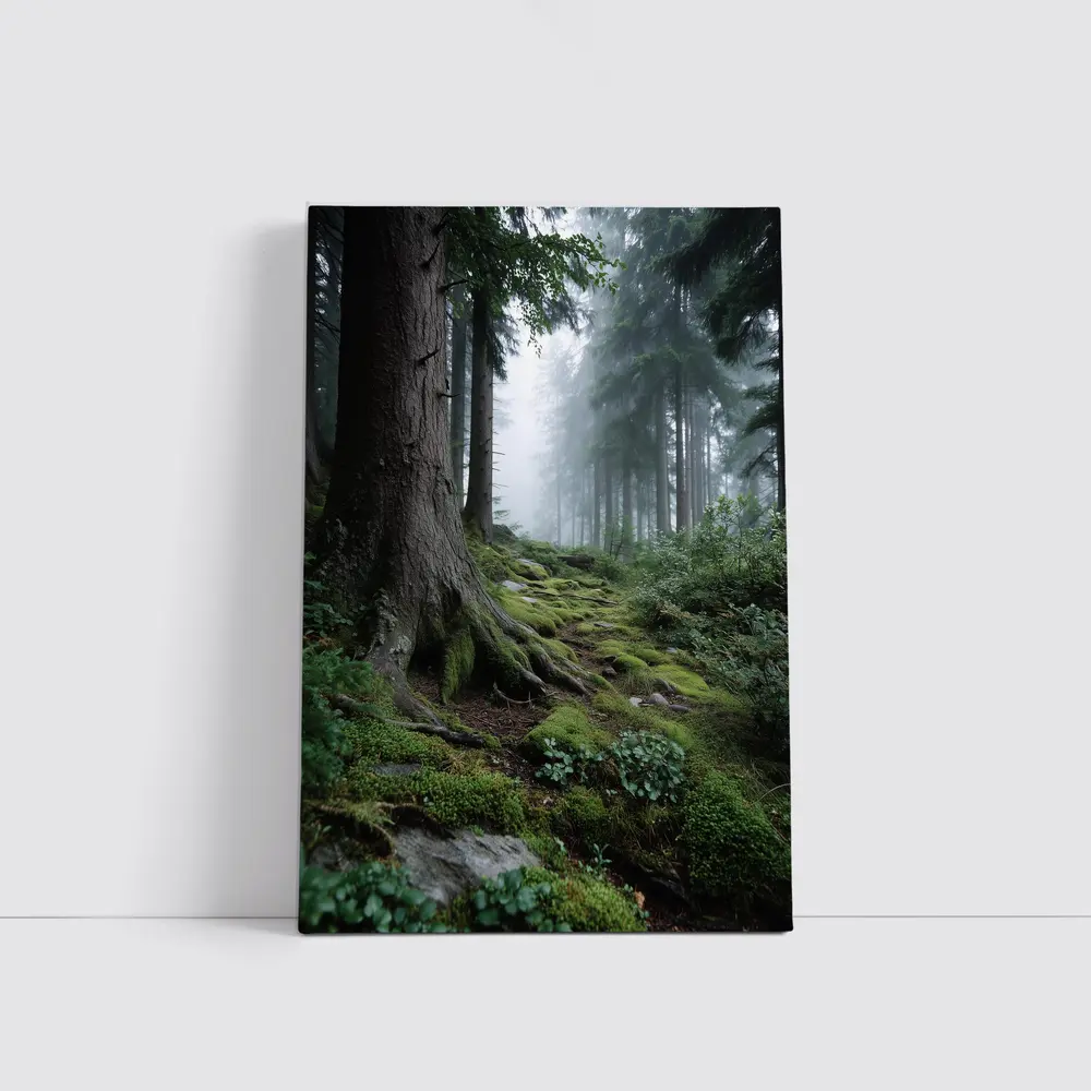 Misty Forest Path Mossy Roots Trees – Wall Art