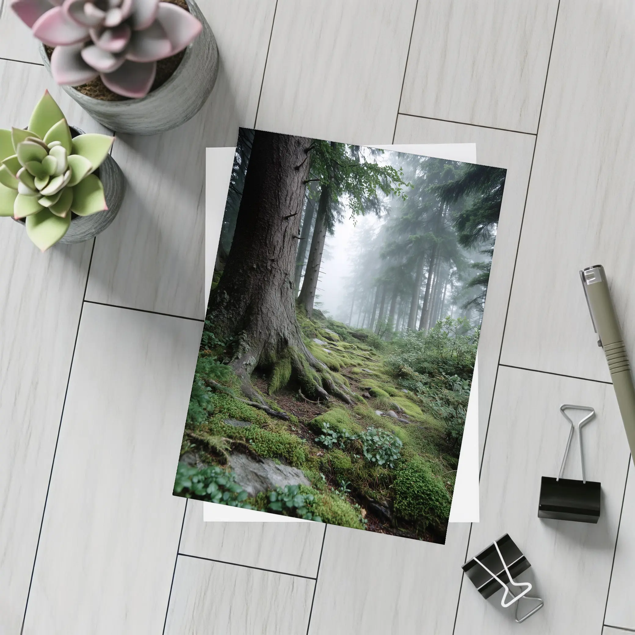Misty Forest Path Mossy Roots Trees – Postcards