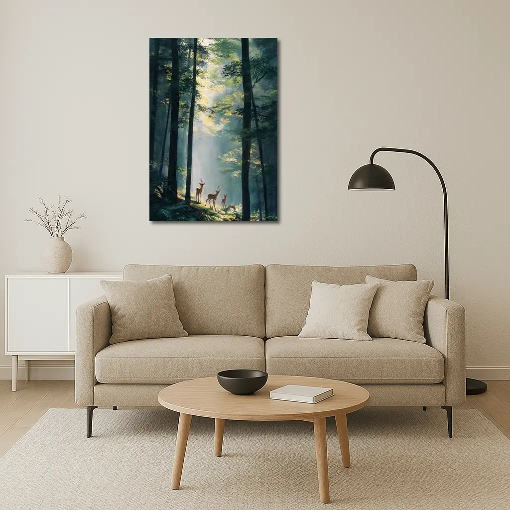 Deer Family Standing In Misty Forest – Wall Art