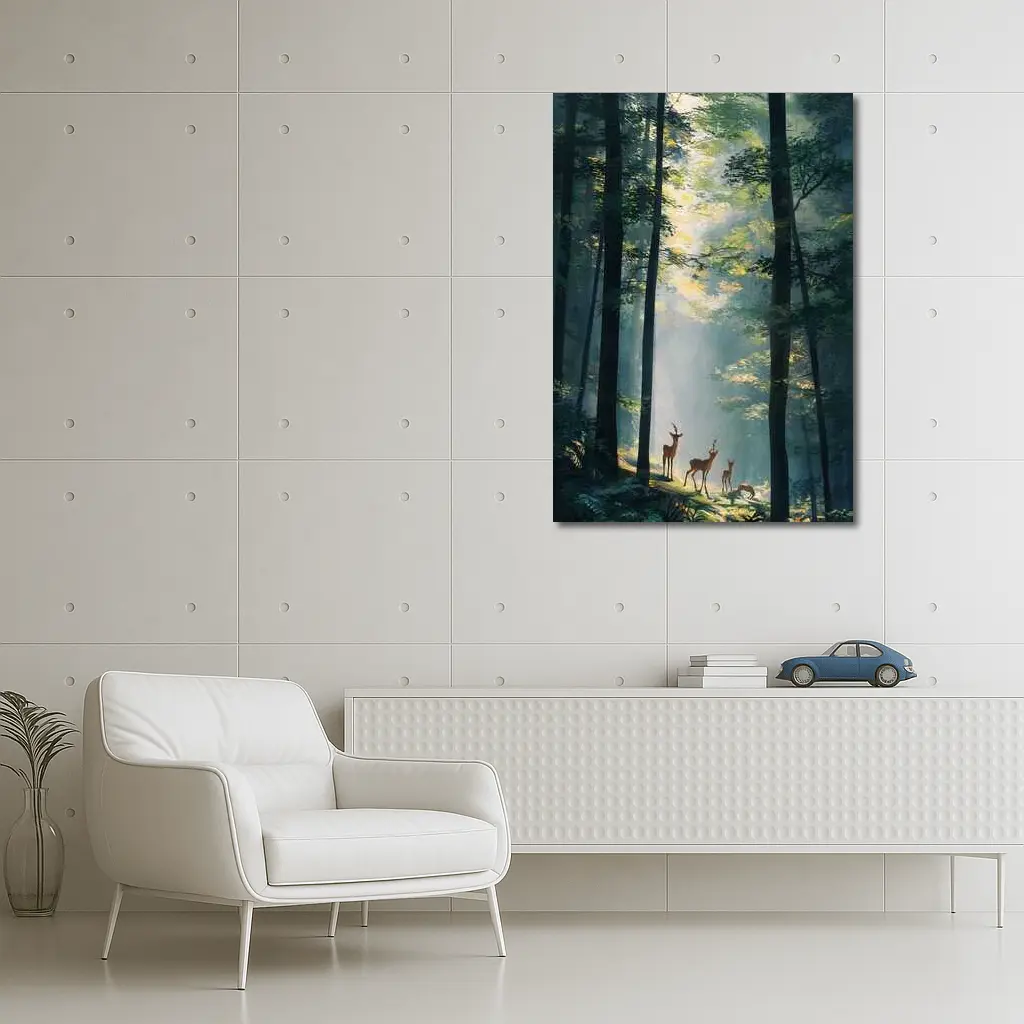 Deer Family Standing In Misty Forest – Wall Art
