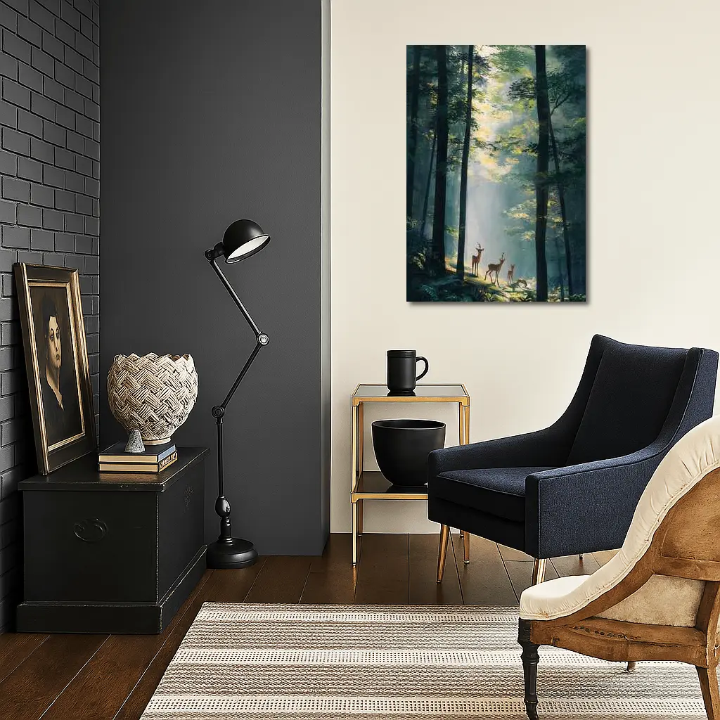 Deer Family Standing In Misty Forest – Wall Art