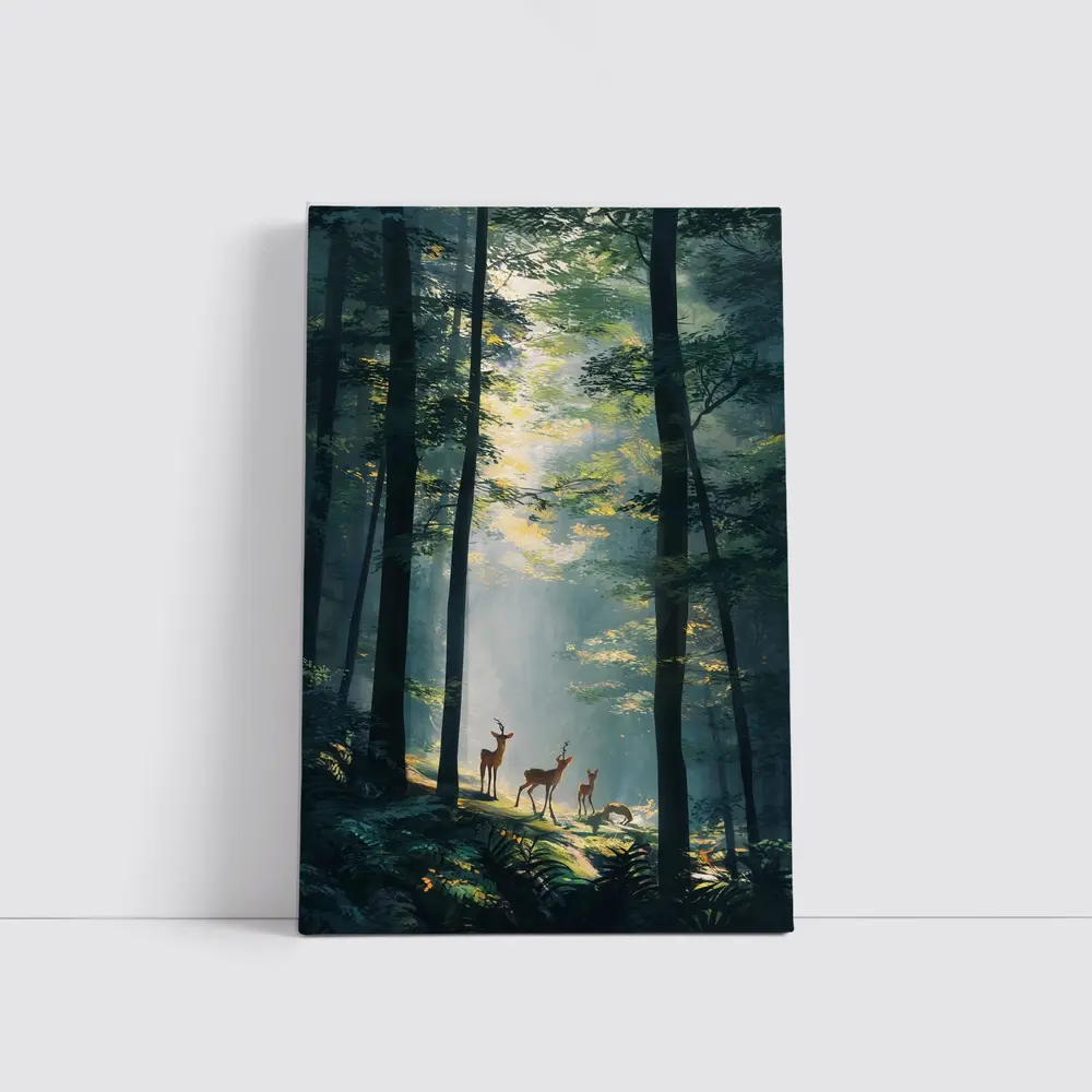 Deer Family Standing In Misty Forest – Wall Art