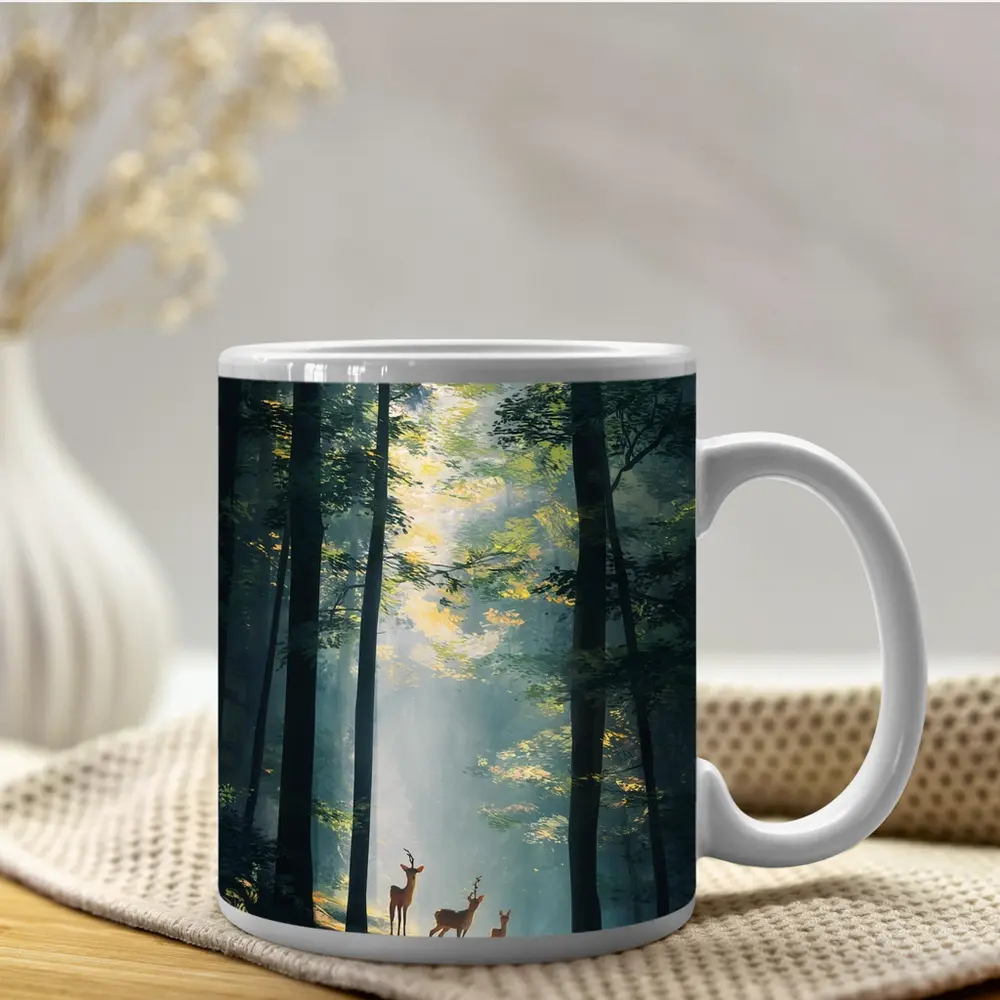 Deer Family Standing In Misty Forest – Mugs