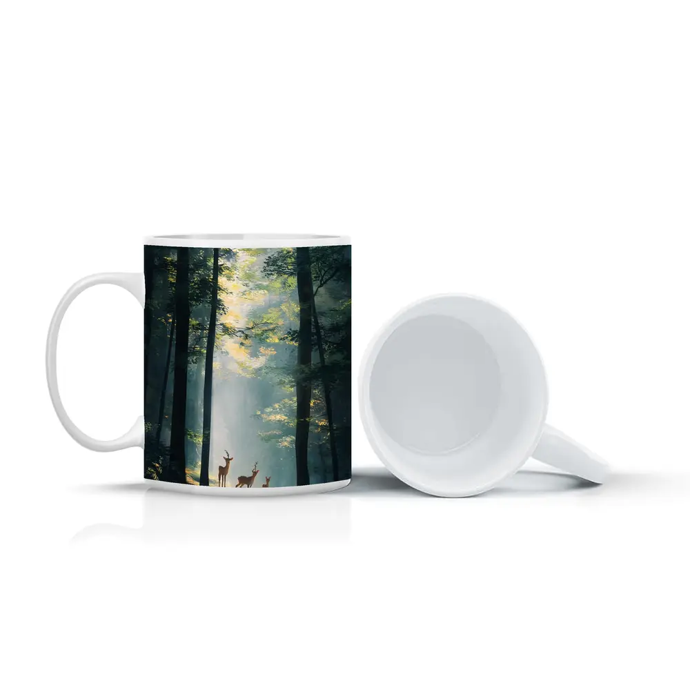 Deer Family Standing In Misty Forest – Mugs