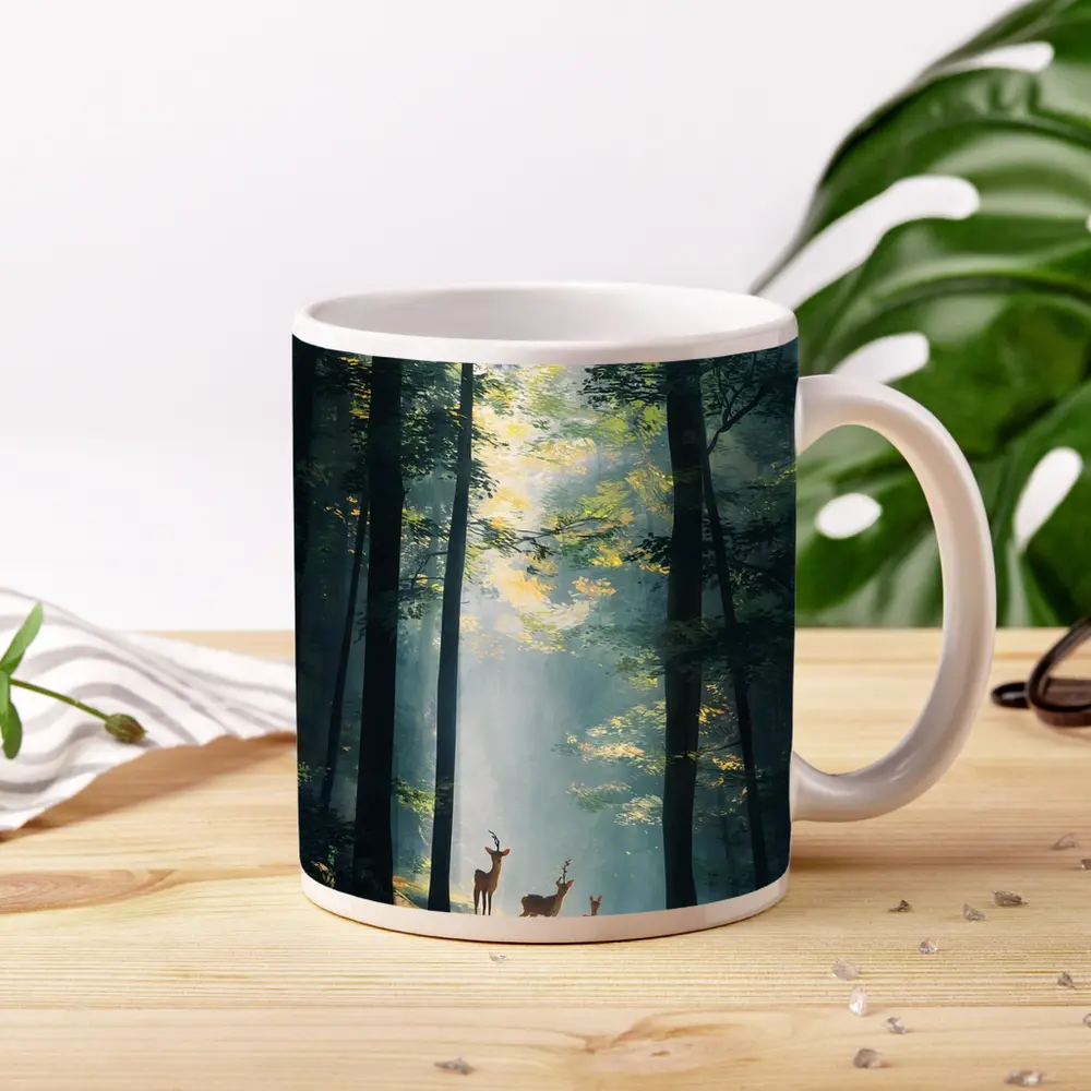Deer Family Standing In Misty Forest – Mugs