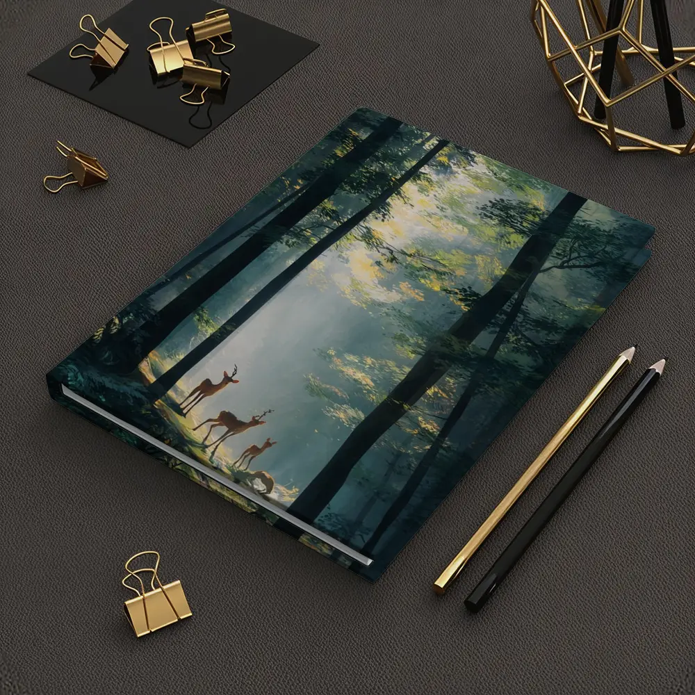 Deer Family Standing In Misty Forest – Notebooks