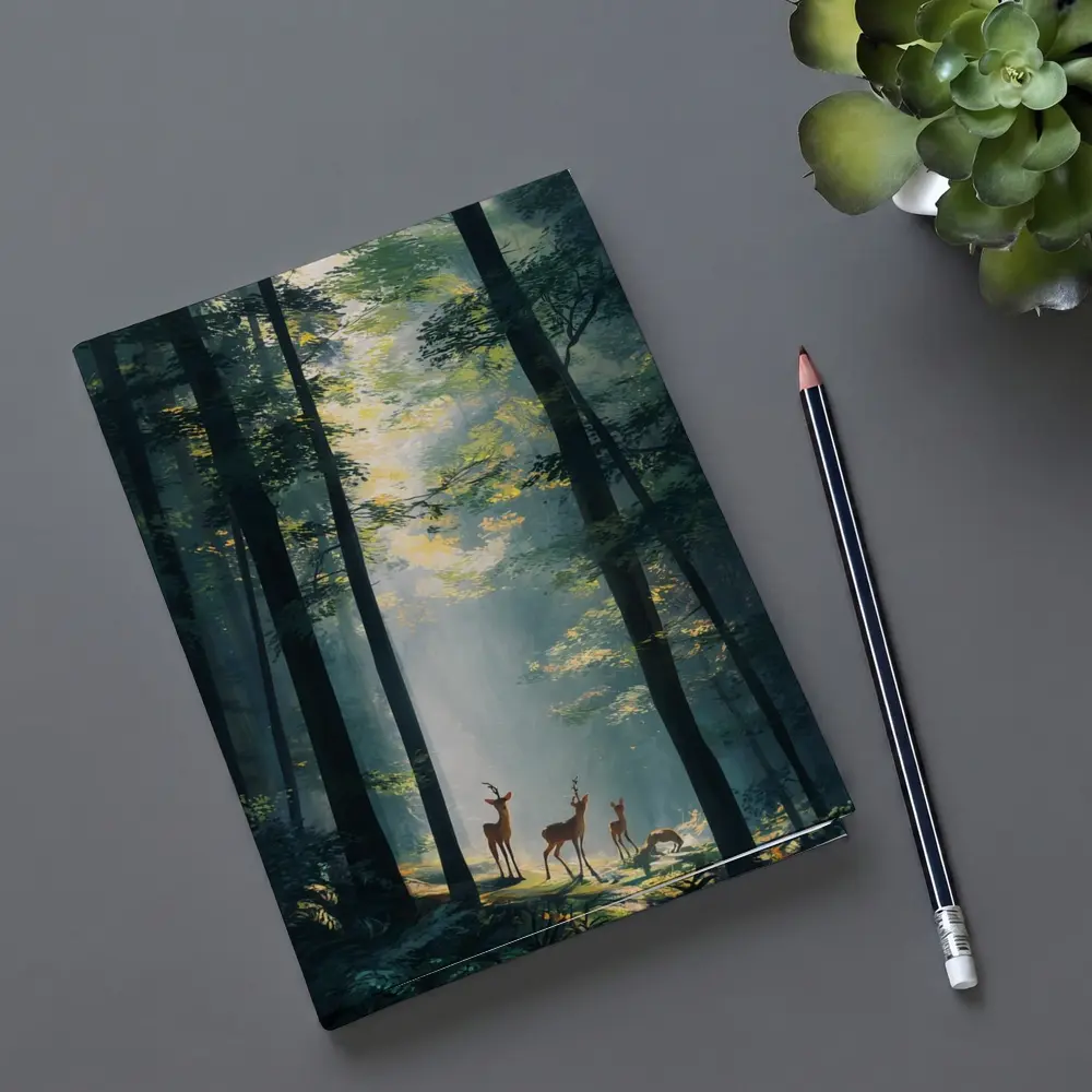 Deer Family Standing In Misty Forest – Notebooks