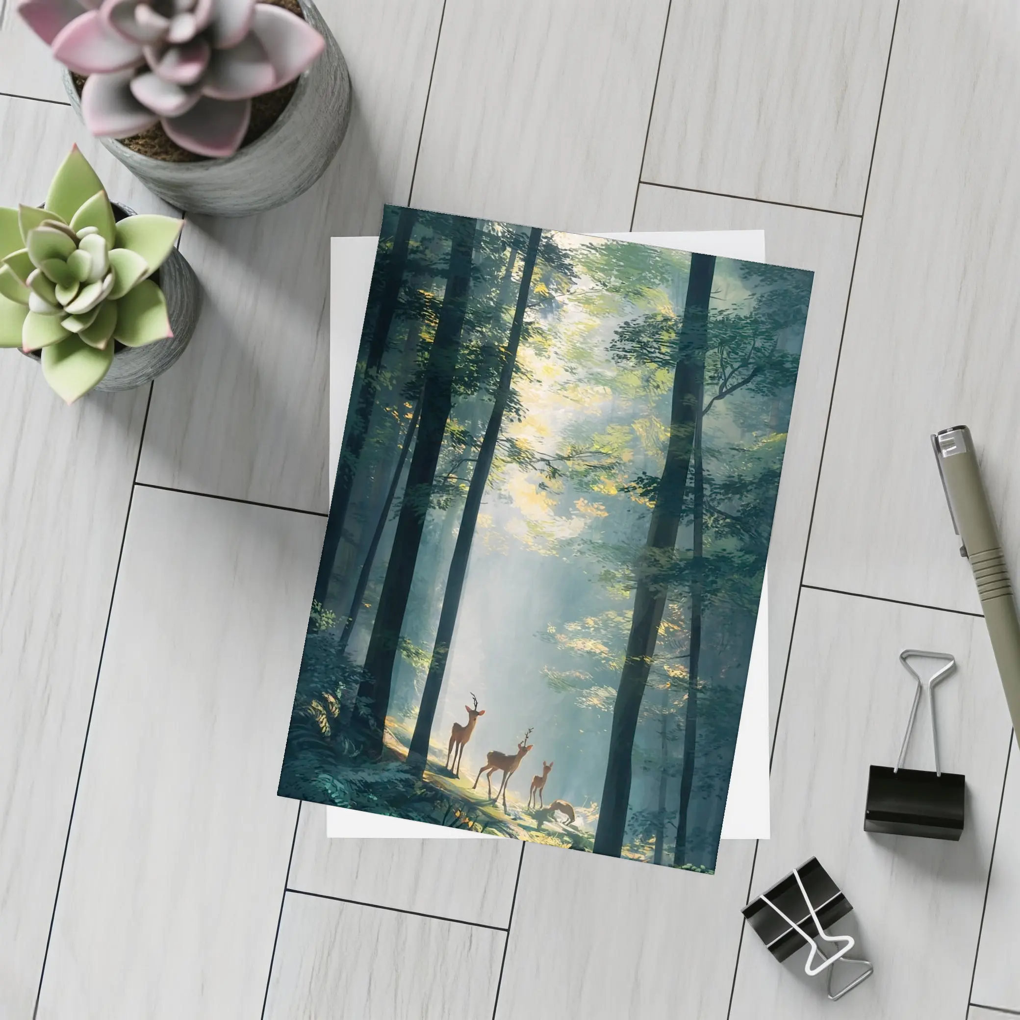 Deer Family Standing In Misty Forest – Postcards
