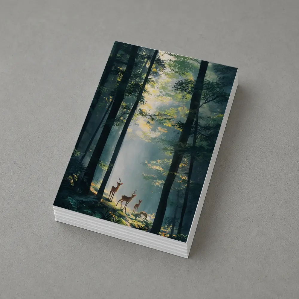 Deer Family Standing In Misty Forest – Postcards