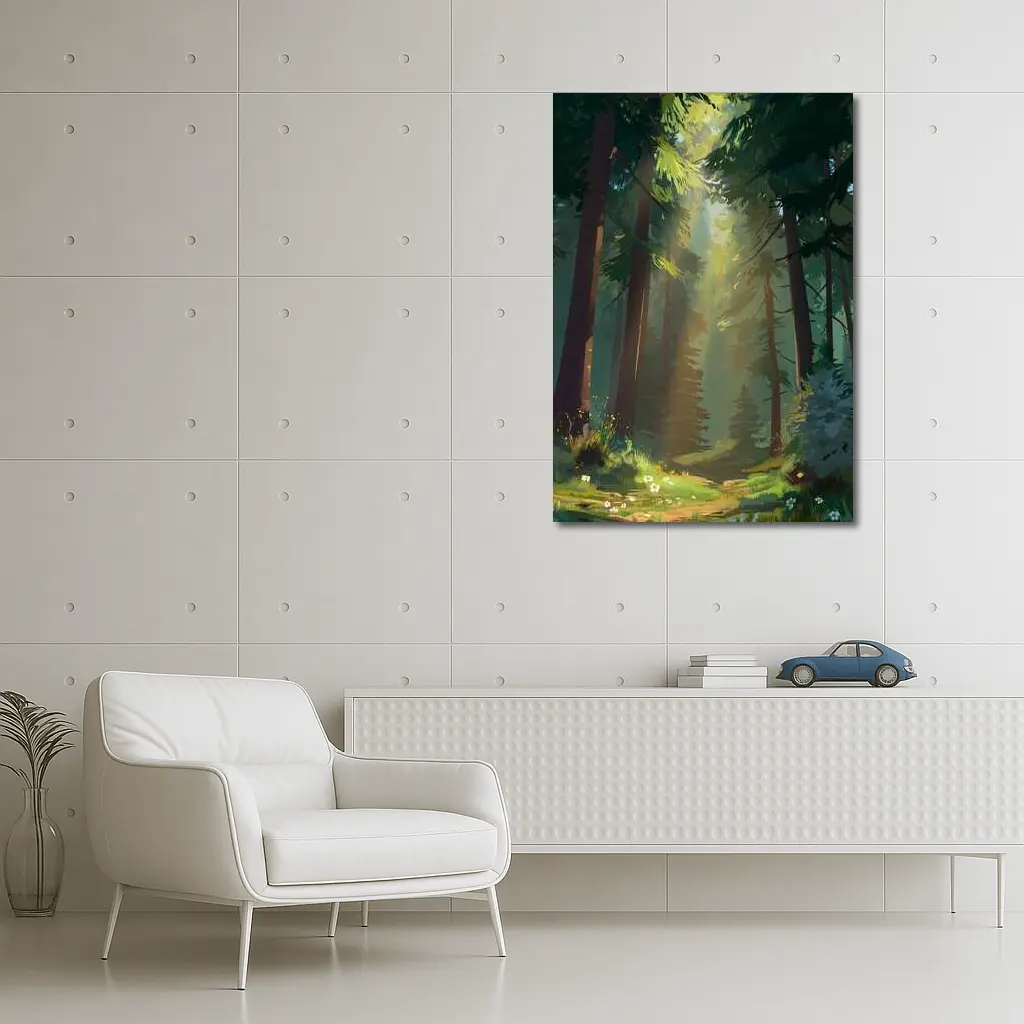 Sunlit Forest Path Digital Illustration Art – Wall Art