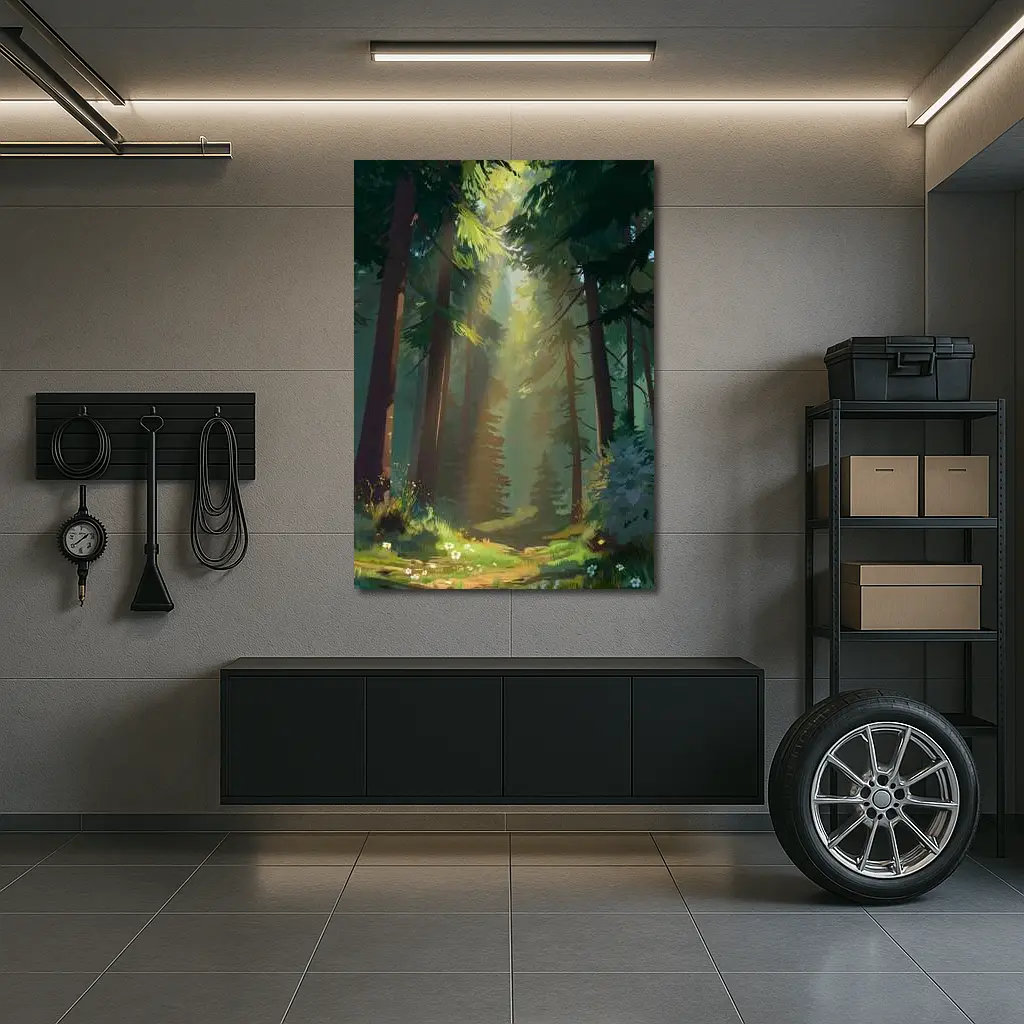 Sunlit Forest Path Digital Illustration Art – Wall Art