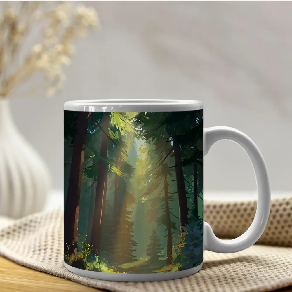 Sunlit Forest Path Digital Illustration Art – Mugs