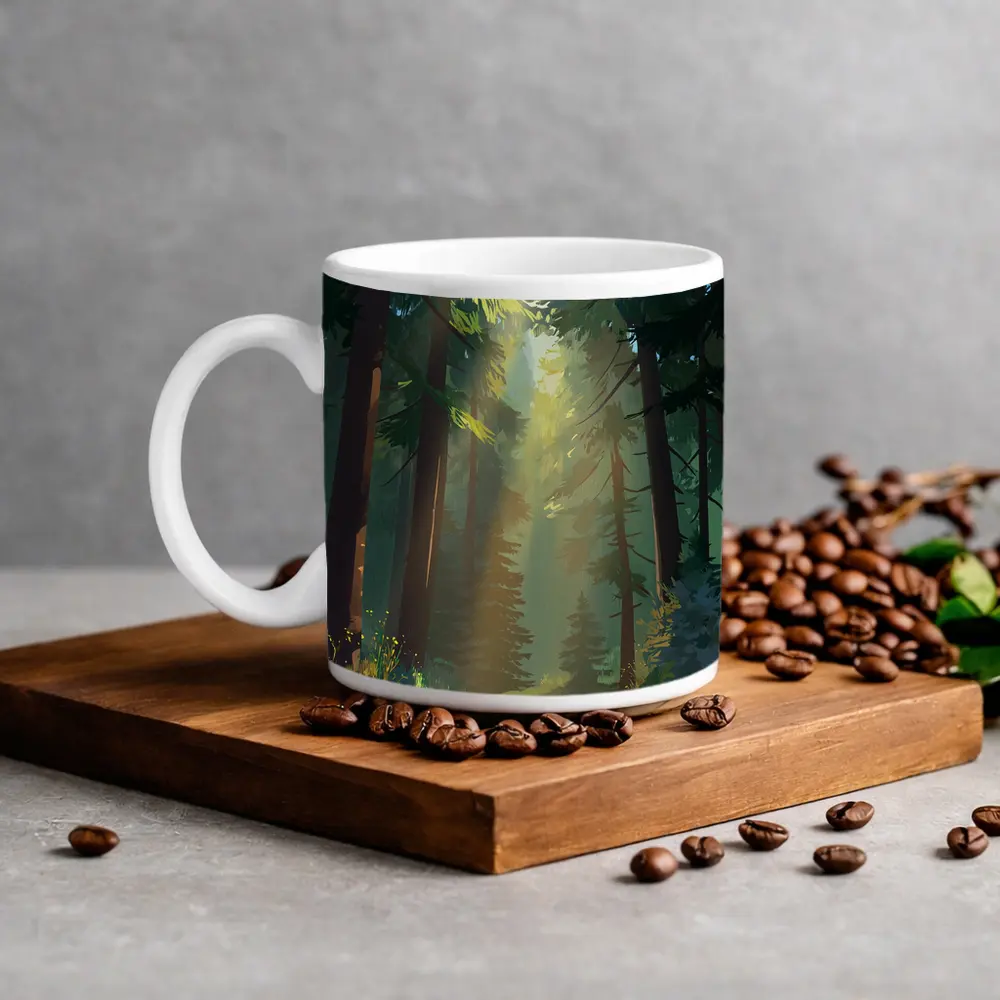 Sunlit Forest Path Digital Illustration Art – Mugs
