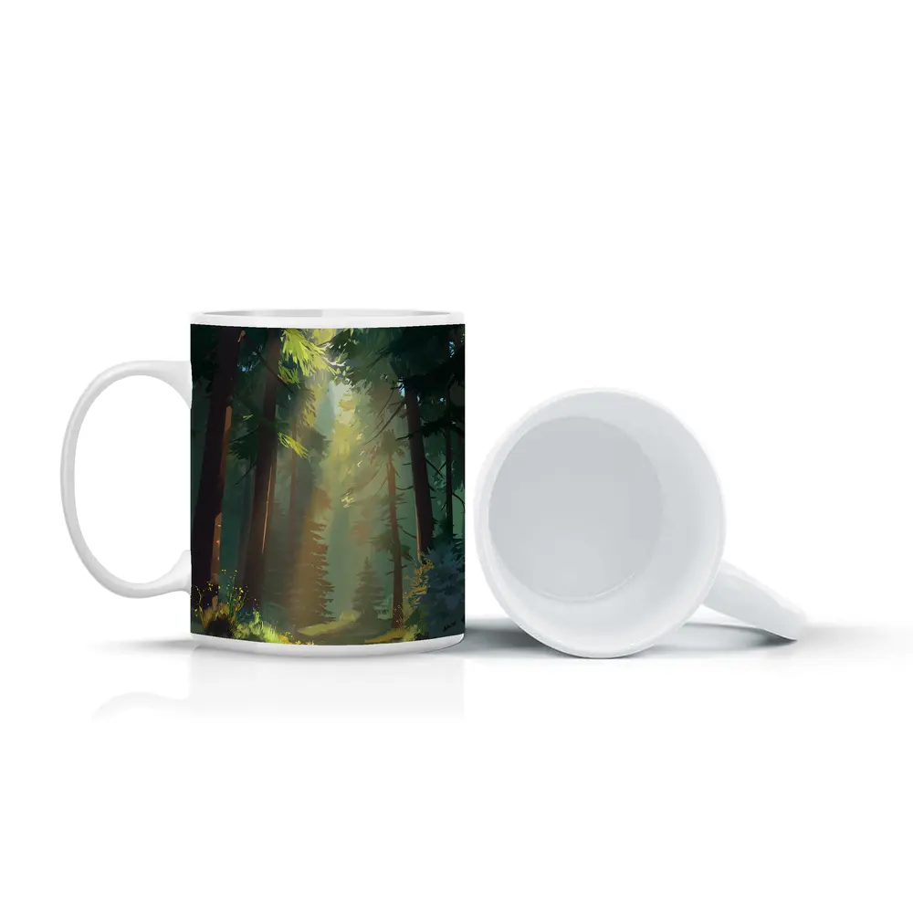 Sunlit Forest Path Digital Illustration Art – Mugs
