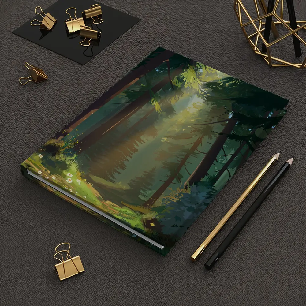 Sunlit Forest Path Digital Illustration Art – Notebooks