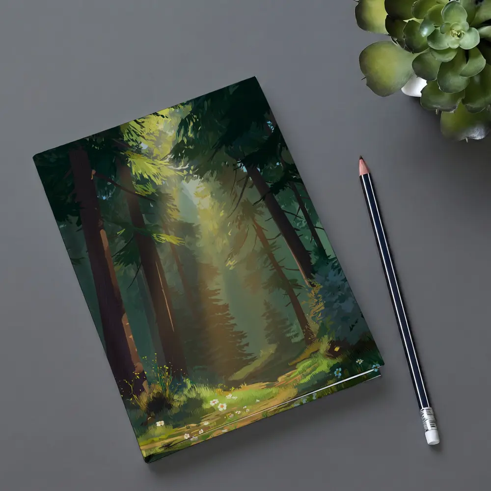 Sunlit Forest Path Digital Illustration Art – Notebooks