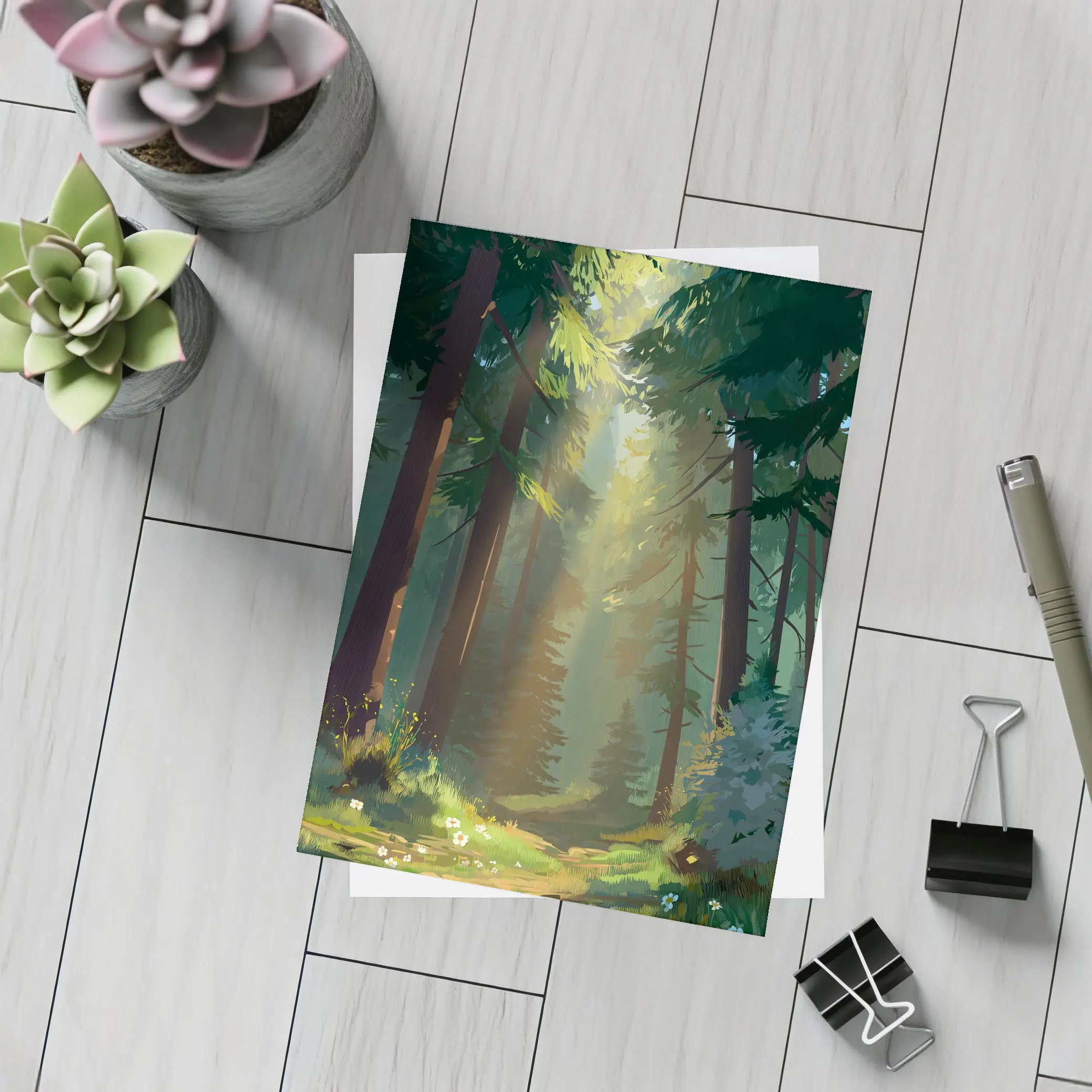 Sunlit Forest Path Digital Illustration Art – Postcards