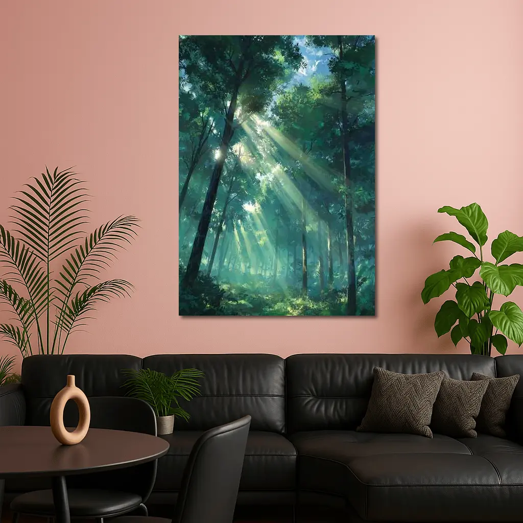 Anime Forest Sunlight Rays Through Trees – Wall Art