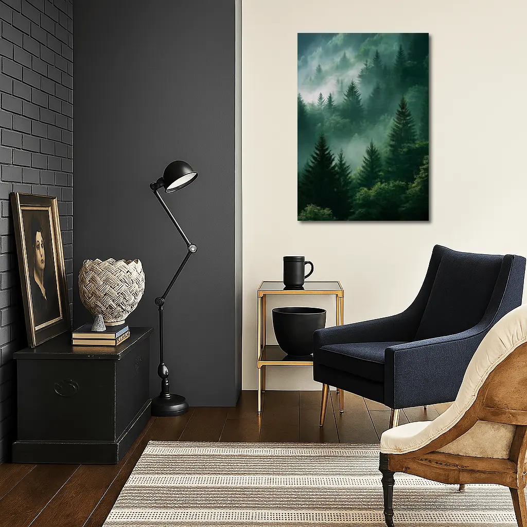 Misty Green Forest Pine Trees Mountain Landscape – Wall Art