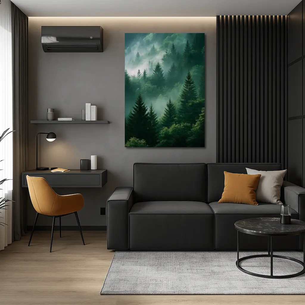 Misty Green Forest Pine Trees Mountain Landscape – Wall Art