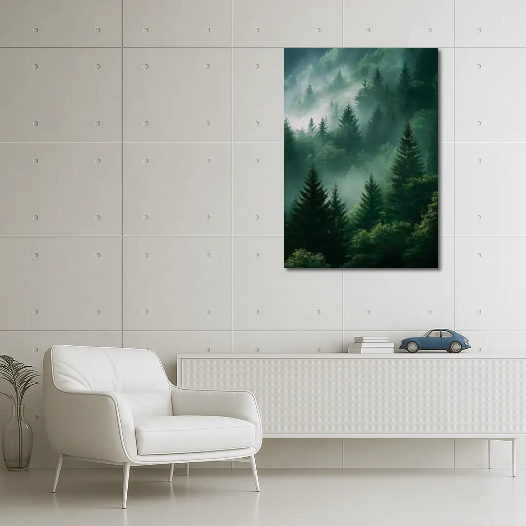 Misty Green Forest Pine Trees Mountain Landscape – Wall Art
