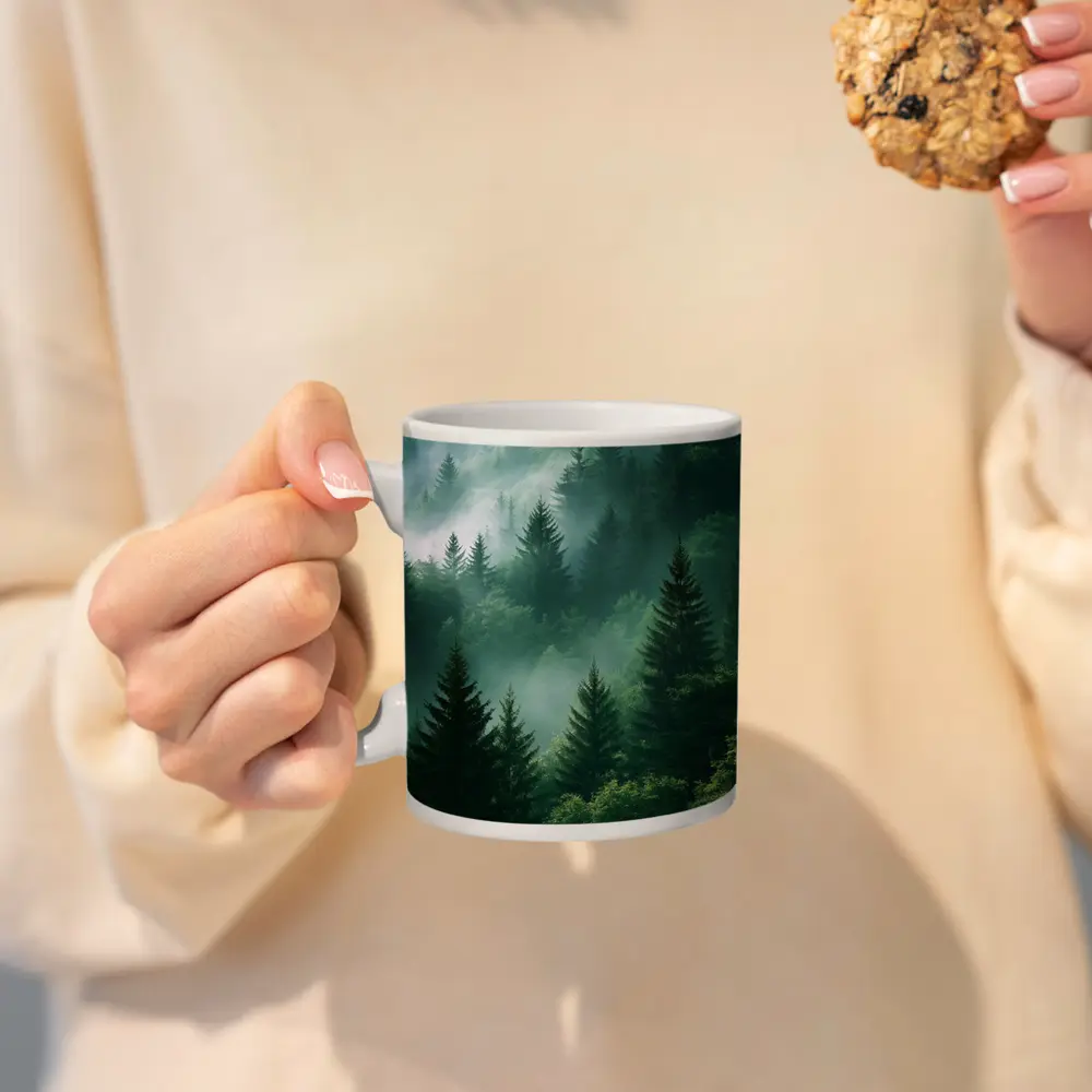 Misty Green Forest Pine Trees Mountain Landscape – Mugs