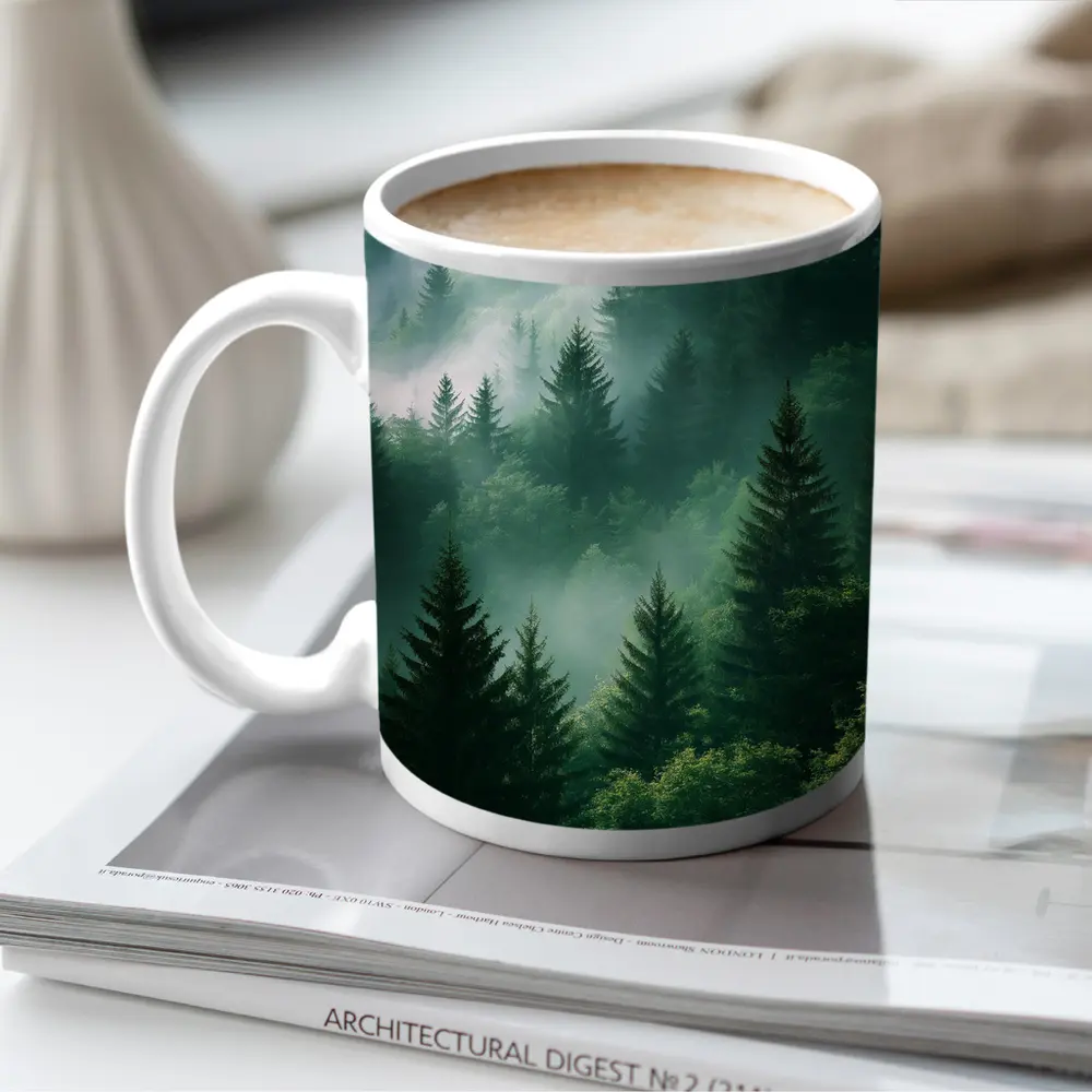 Misty Green Forest Pine Trees Mountain Landscape – Mugs