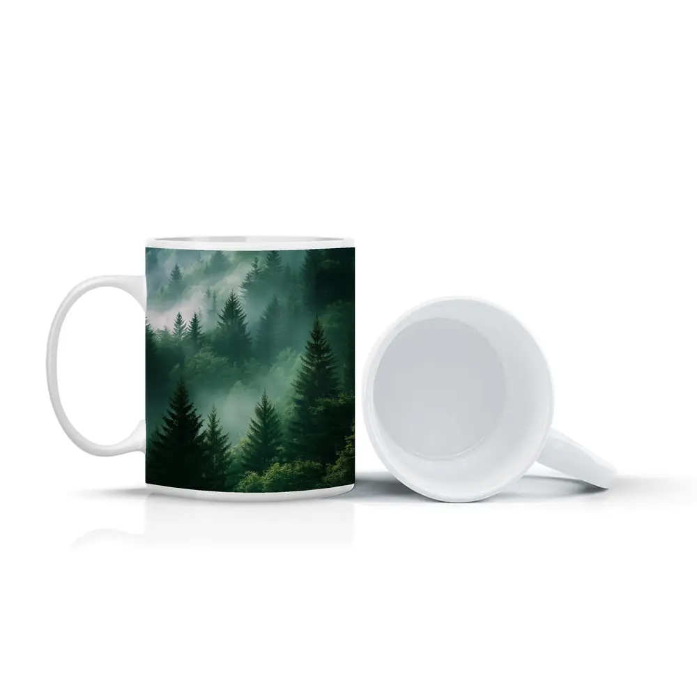 Misty Green Forest Pine Trees Mountain Landscape – Mugs