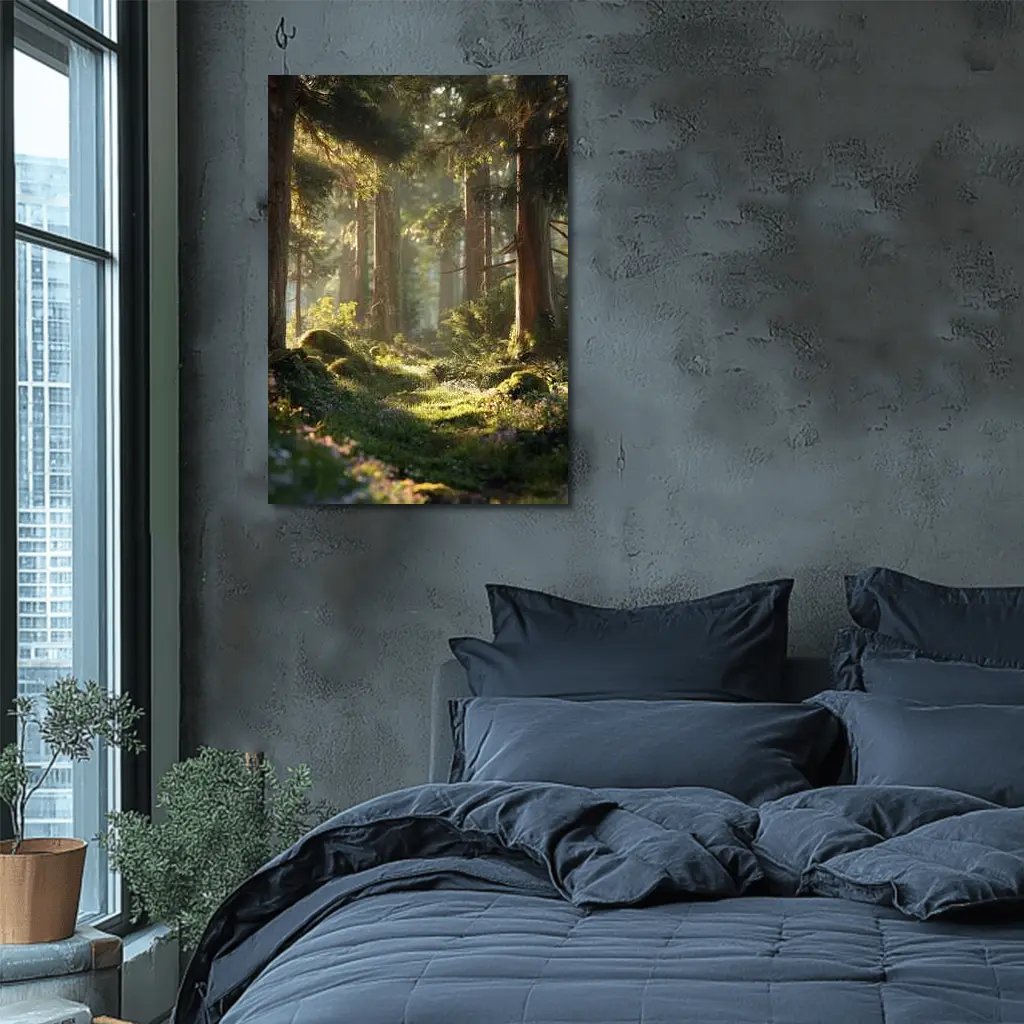 Sunlit Forest Path Through Ancient Trees – Wall Art