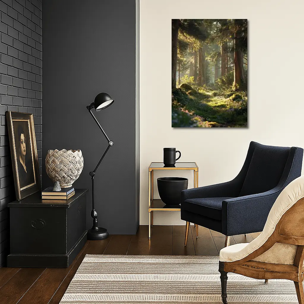 Sunlit Forest Path Through Ancient Trees – Wall Art