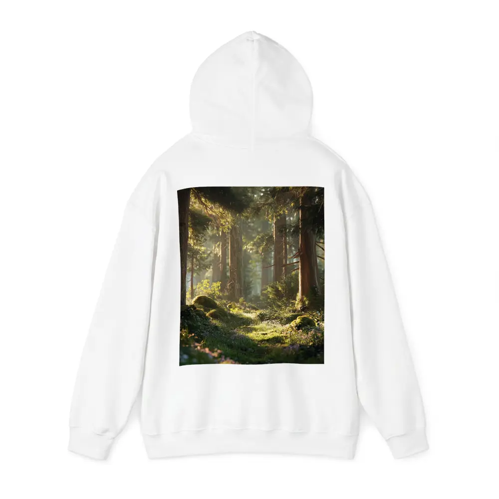 Sunlit Forest Path Through Ancient Trees – Hoodies