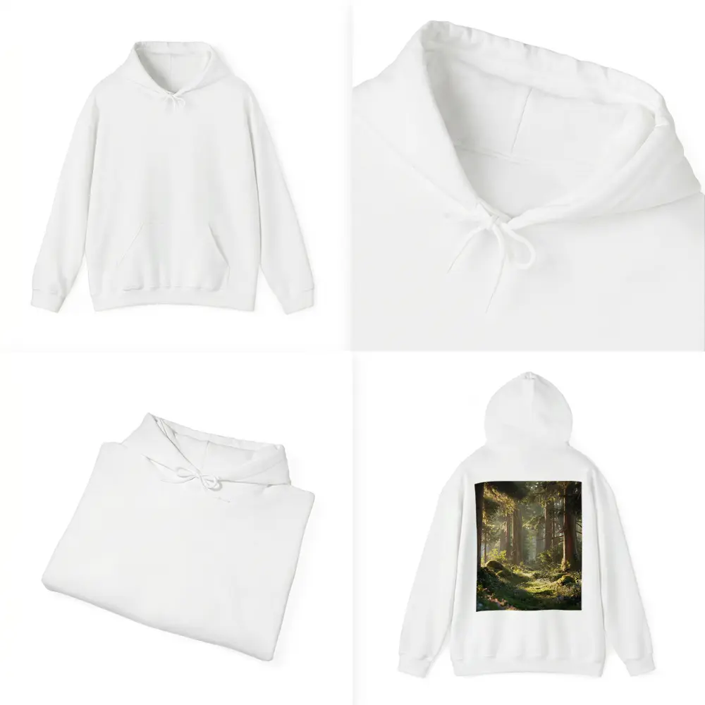 Sunlit Forest Path Through Ancient Trees – Hoodies