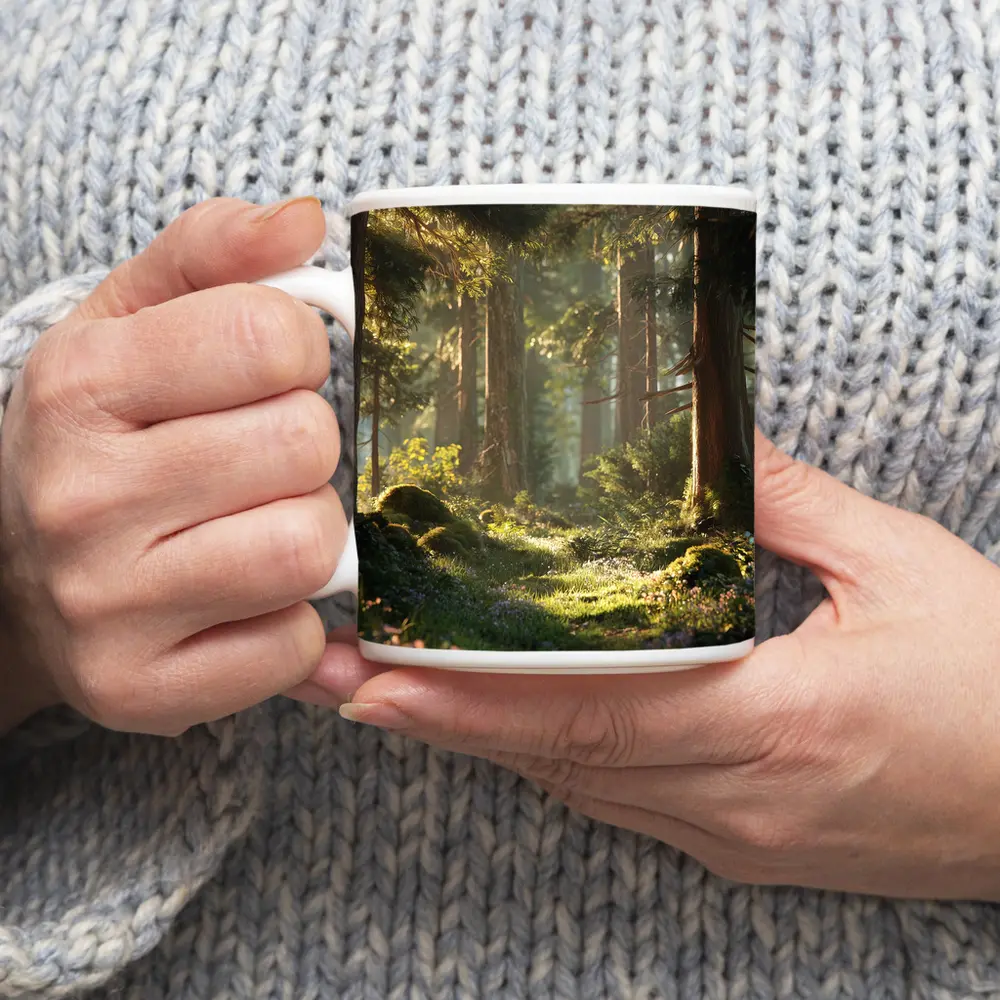 Sunlit Forest Path Through Ancient Trees – Mugs