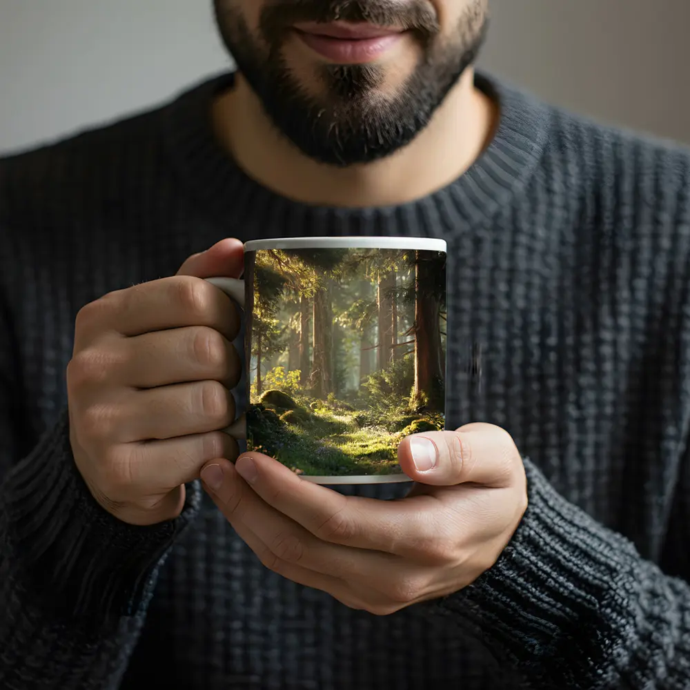 Sunlit Forest Path Through Ancient Trees – Mugs