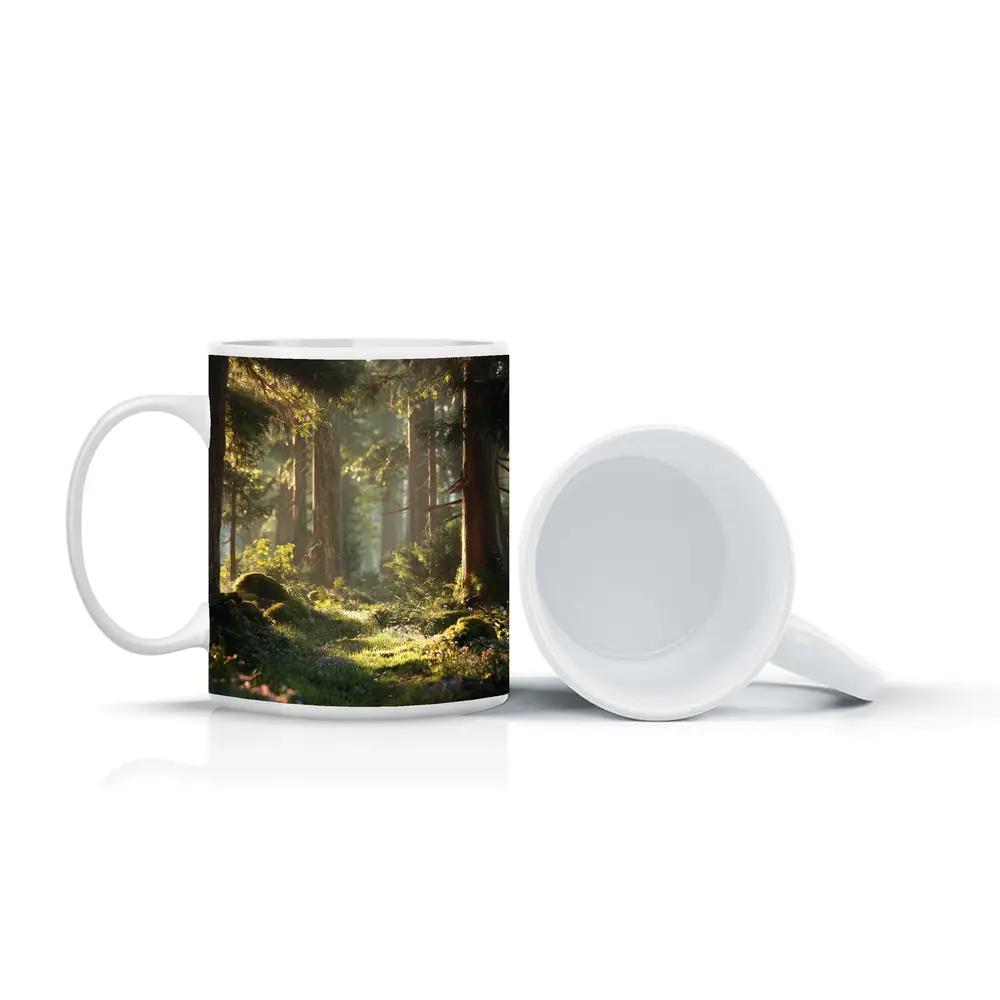 Sunlit Forest Path Through Ancient Trees – Mugs