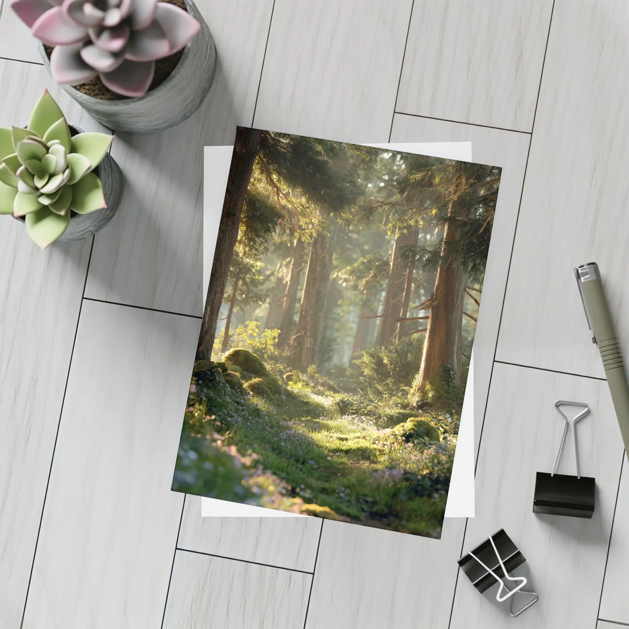 Sunlit Forest Path Through Ancient Trees – Postcards