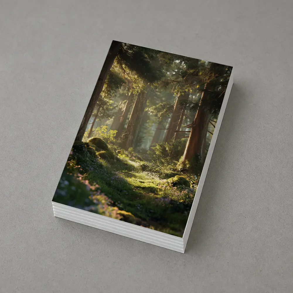 Sunlit Forest Path Through Ancient Trees – Postcards