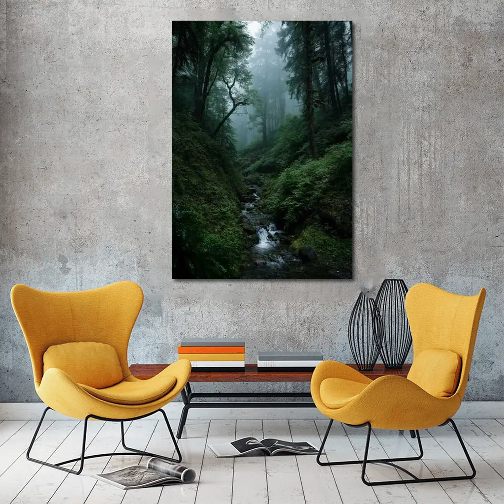 Misty Forest Stream Through Tall Dark Trees – Wall Art