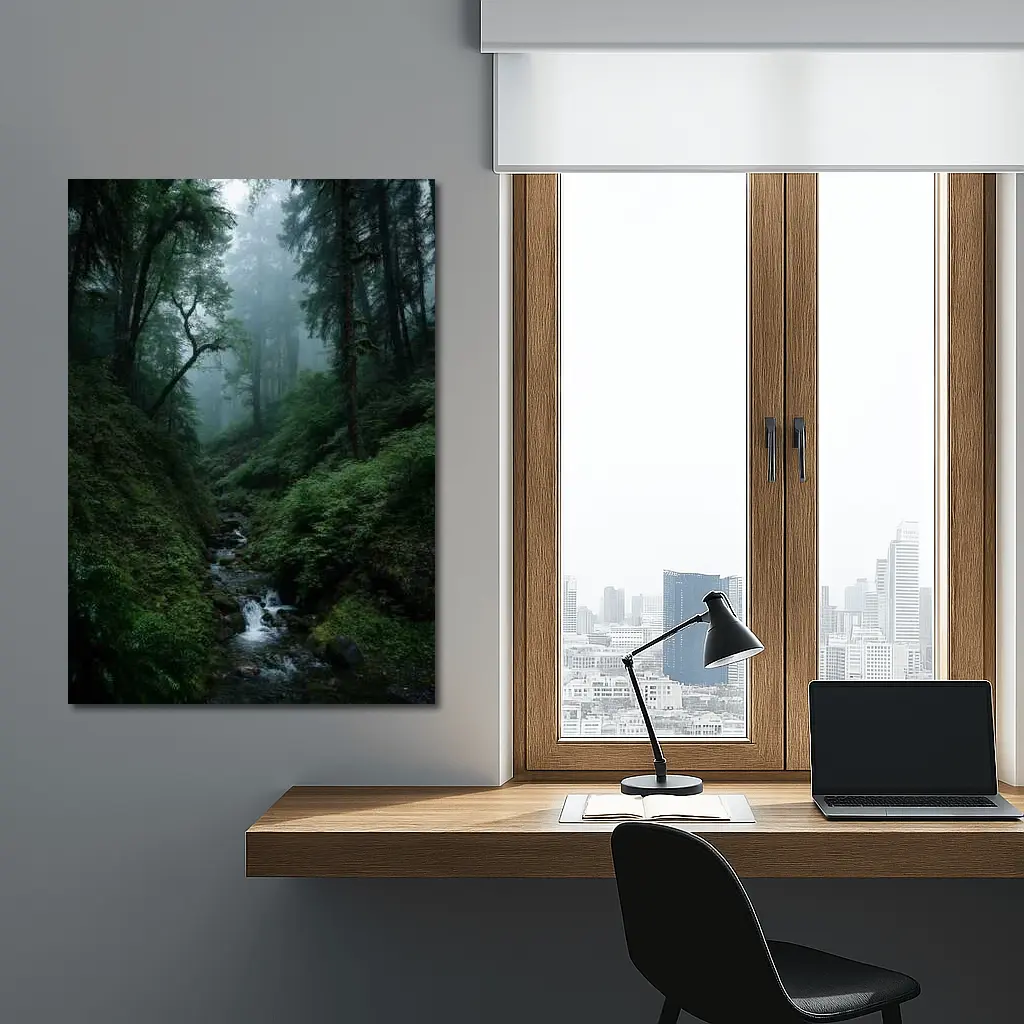 Misty Forest Stream Through Tall Dark Trees – Wall Art