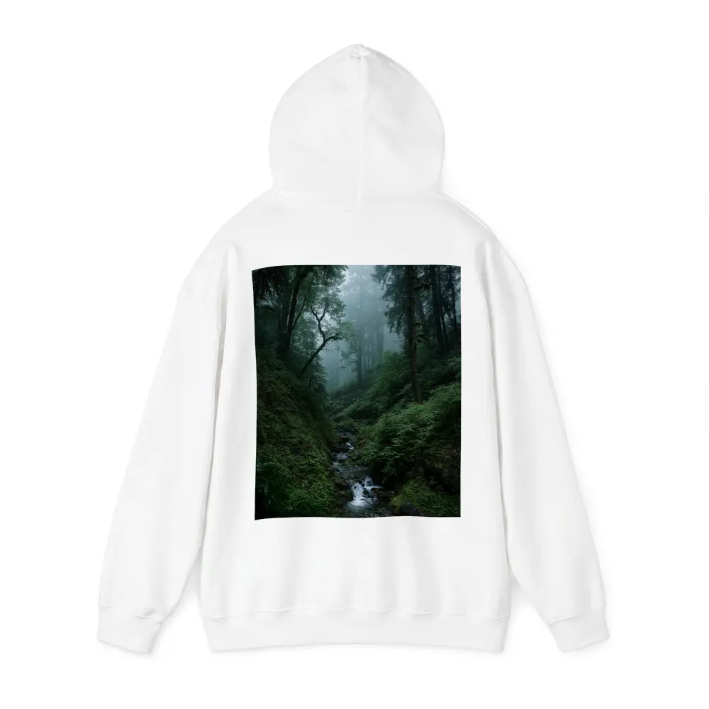Misty Forest Stream Through Tall Dark Trees – Hoodies