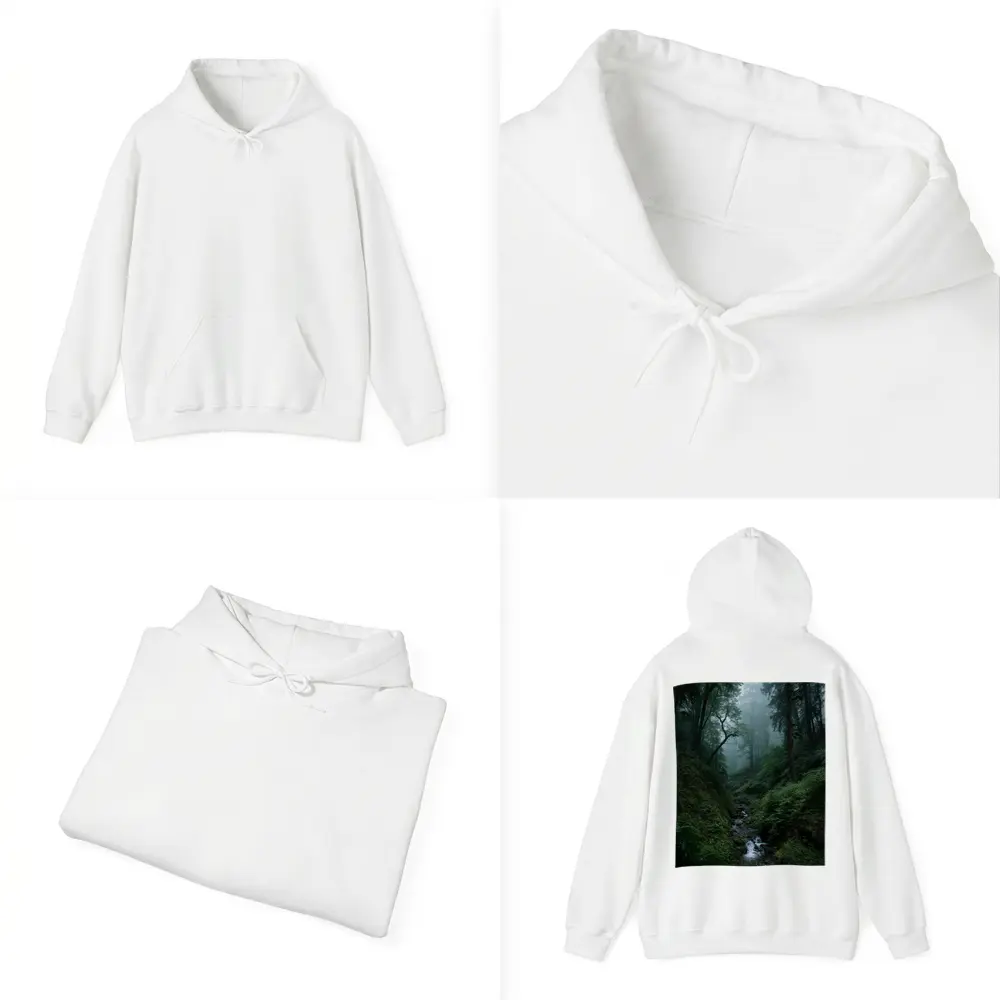 Misty Forest Stream Through Tall Dark Trees – Hoodies
