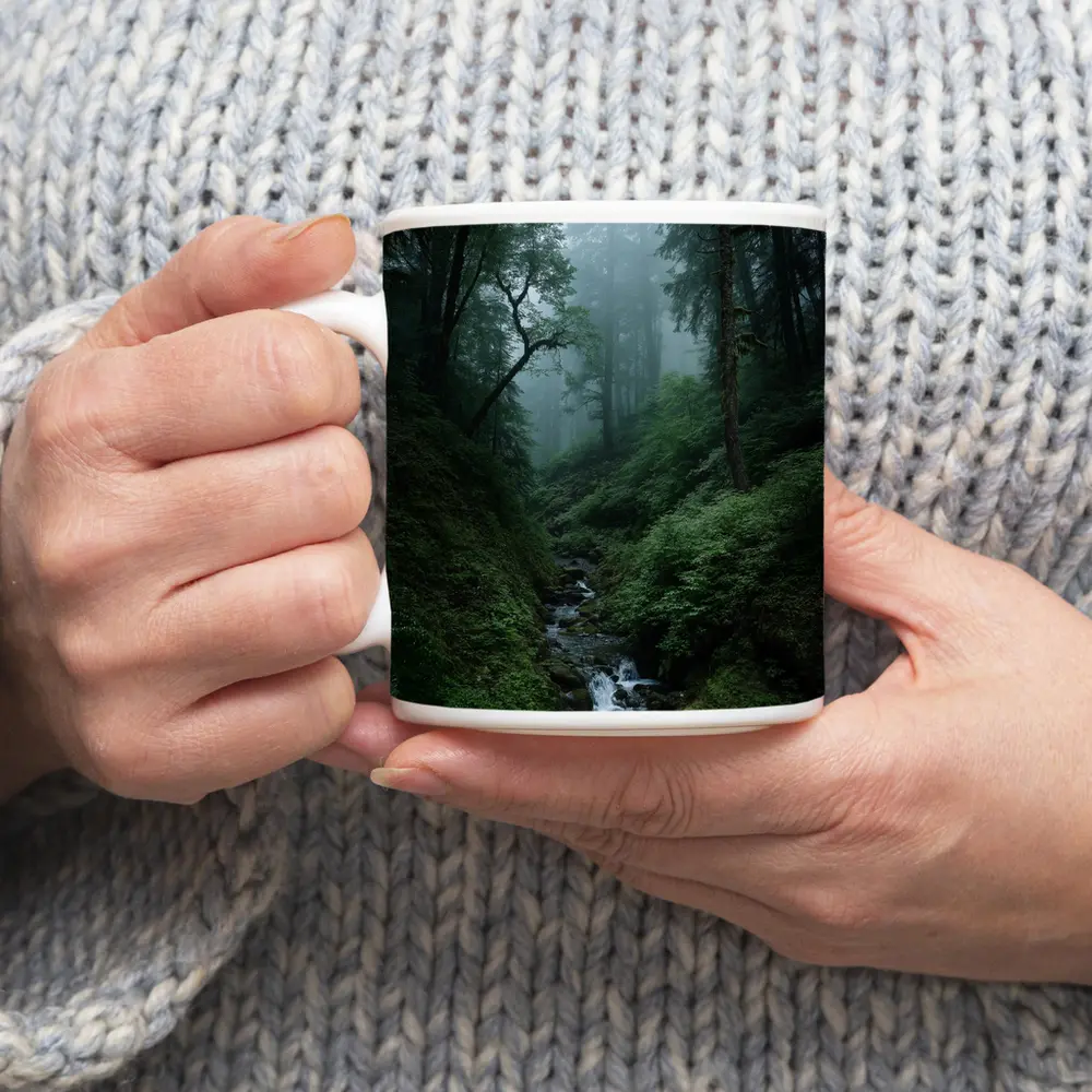 Misty Forest Stream Through Tall Dark Trees – Mugs