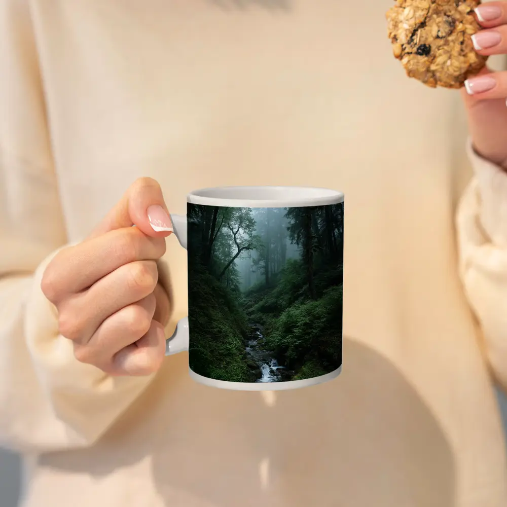 Misty Forest Stream Through Tall Dark Trees – Mugs