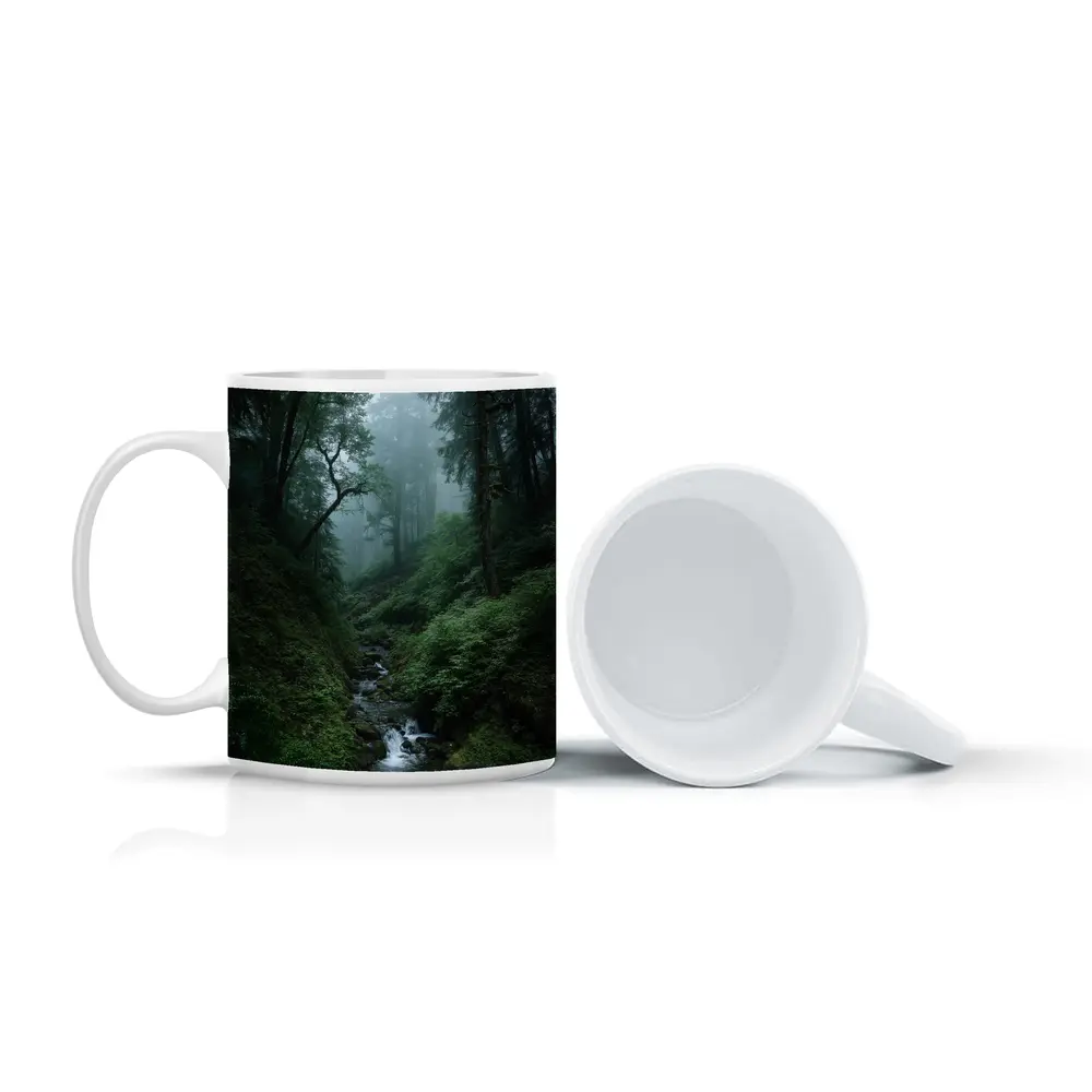 Misty Forest Stream Through Tall Dark Trees – Mugs